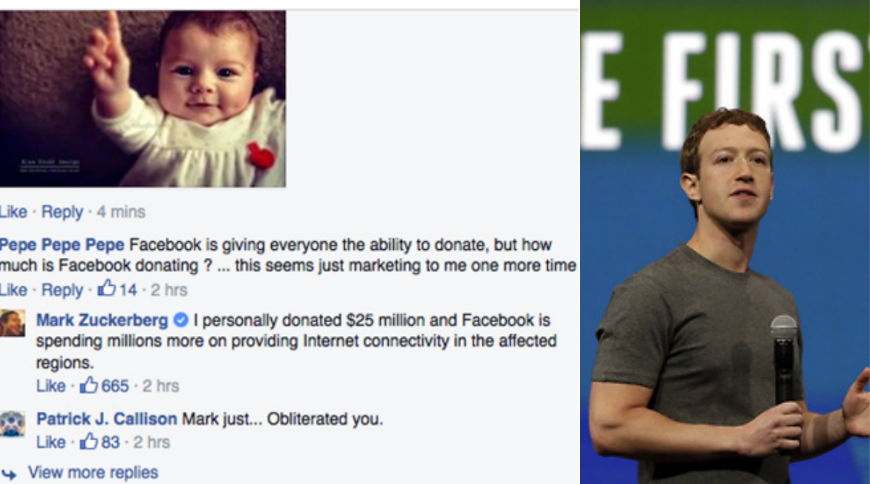 Zuckerberg tystar nättrollet i kommentaren som fått en hel del likes.